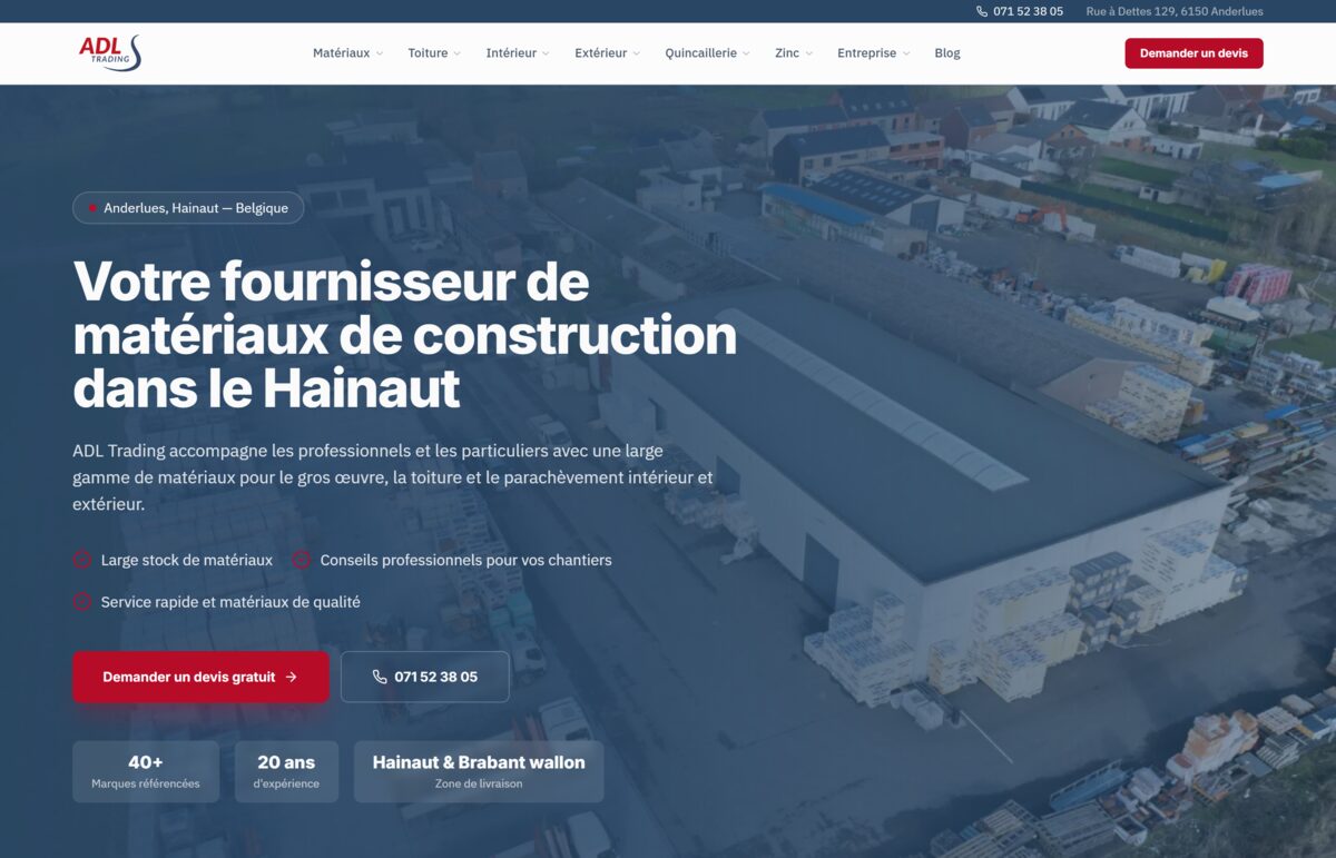 Site web ADL Trading — fournisseur de matériaux de construction dans le Hainaut, réalisé par Codexia